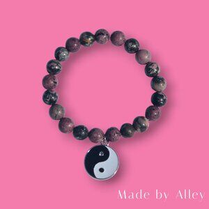 Handmade 8mm Round Pink Jasper Beaded Bracelet with a Silver Yin Yang Charm